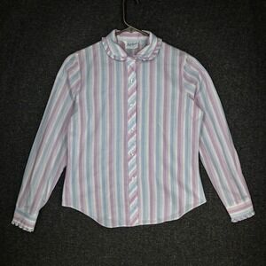 Vintage Shirt Accent Blouse Button Up Striped Blue Pastel Ruffles Women's 16
